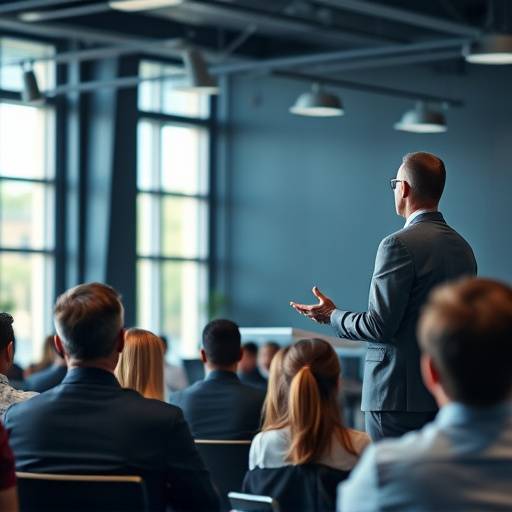 Fotografia de um palestrante apresentando em um evento corporativo com a plateia atenta.