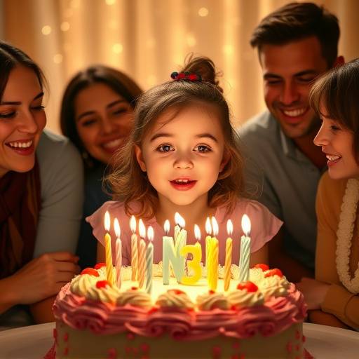 Fotografia de uma menina sorrindo enquanto sopra as velas do bolo de aniversário, cercada por amigos e familiares.