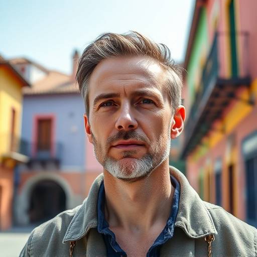 Retrato de um homem em um ambiente externo, com a arquitetura colorida do Pelourinho ao fundo.