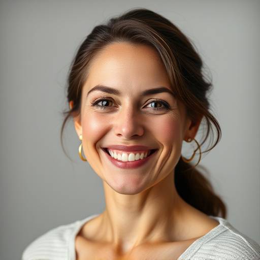Retrato de uma mulher sorrindo em um estüdio com iluminaäão profissional e fundo neutro.