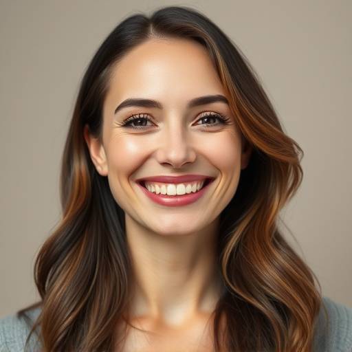 Retrato de uma mulher sorrindo em um estüdio fotográfico com fundo neutro.